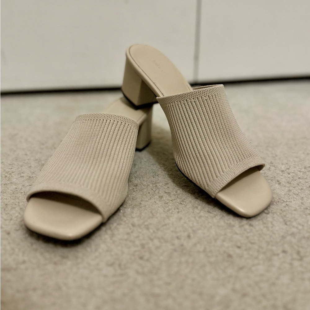 Quince Italian Leather and Eco Knit Heeled Mule Sandal in Bone
